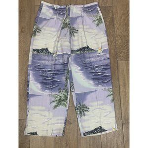 Tommy Bahama Crop Pants L 100% Silk Cream Blue Tropical Print Sailboat Casual